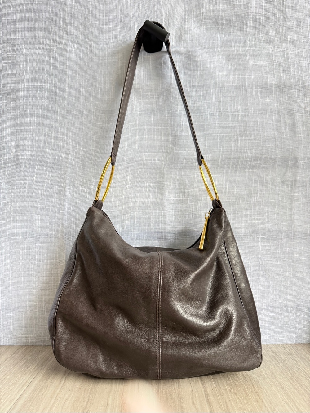 Dkny Brown Leather Hobo Bag with Gold Hardware